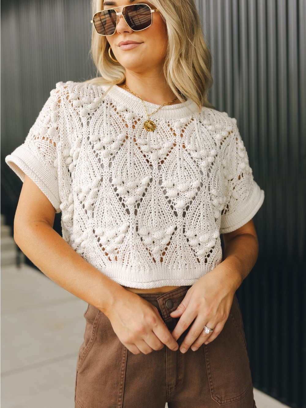 Zara Cream Crochet Knit Short-Sleeve Sweater Top
